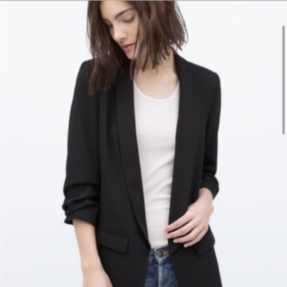 Zara Black Open Front Cinched 3/4 Sleeve Blazer - Picture 3 of 16
